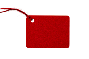 Textured red label with attached string, blank tag, cut out transparent png