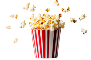 Popcorn overflowing in red and white striped container, cut out transparent png