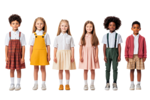 Group of children posing together in stylish retro outfits, cut out transparent png