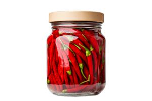 Pickled red chili peppers in jar, transparent png