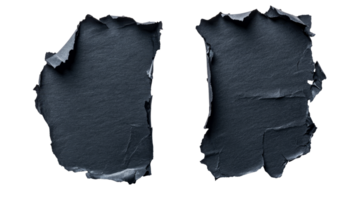 Two dark ragged paper sheet, close-up, with torn edges, cut out transparent png