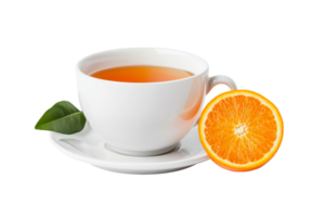 Cup of Tea with Slice of Orange and Green Leaf, cut out transparent png