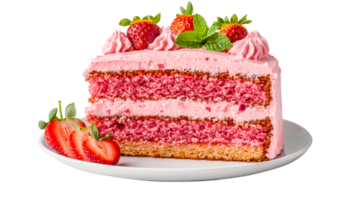 Strawberry cake slice with frosting and fruit topping, cut out transparent png