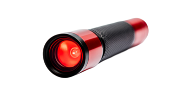 Red flashlight with textured handle, illuminating black background, cut out transparent png
