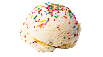 Vanilla ice cream scoops with colorful sprinkles, frozen treat, cut out transparent png