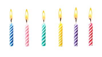 Burning colorful candles on a black background, cut out transparent png