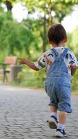 Happy Caucasian toddler runs to catch up his ball. Baby boy plays in the park in summer. Low angle view. Vertical video