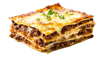 Delicious lasagna dish featuring layers of meat and cheese, cut out transparent png