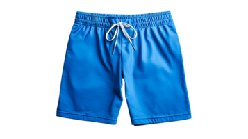 Blue athletic shorts with drawstring on black background, cut out transparent png