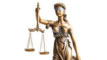 Bronze Lady Justice Statue with Scales and Blindfold, cut out transparent png
