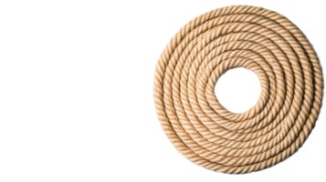 Nautical rope coil with a spiral pattern on a black background, cut out transparent png