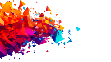 Abstract, colorful 3D shards burst across a black backdrop, cut out transparent png