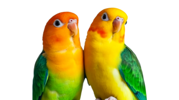 Two vibrant lovebirds perching side by side, close-up, cut out transparent png