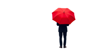Person holds red umbrella rear view, cut out transparent png