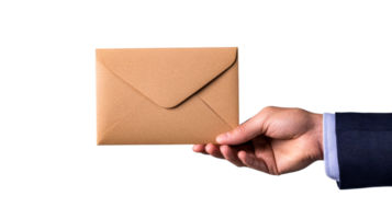 Hand holds brown envelope, business style isolated object, cut out transparent png