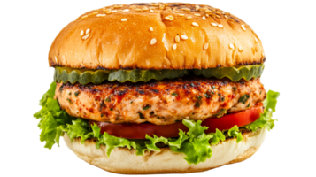 Juicy burger with fresh ingredients, appetizing look, cut out transparent png