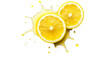 Lemon Slices with Juice Splash on Black Background, cut out transparent png