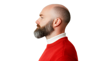 Bald man with beard profile in red sweater on black background, cut out transparent png