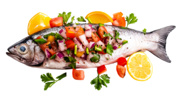 Fresh fish topped with vegetables and citrus fruits, cut out transparent png