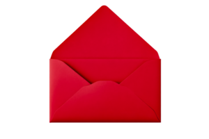Red open envelope for letter with triangular top, cut out transparent png