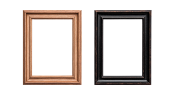 Two stylish empty wooden photo frames, isolated, black background, cut out transparent png