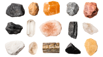Collection of diverse mineral specimens on black background, cut out transparent png