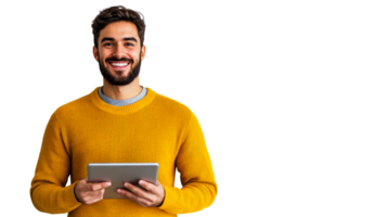 Young man smiling while holding a tablet with a transparent background png