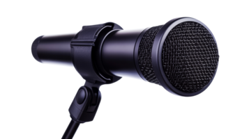 Black microphone isolated on black background, cut out transparent png