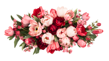 Lush arrangement of tulips and ranunculus in soft colors, cut out transparent png