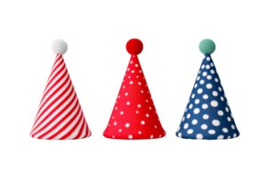 Three party hats with stripes and polka dots pattern, cut out transparent png