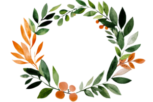 Botanical frame of leaves and orange fruits in watercolor, cut out transparent png