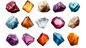 Collection of Raw and Cut Gems, Set of Assorted Minerals, cut out transparent png
