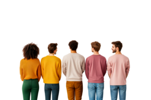 Diversity group standing together from behind, back view, cut out transparent png