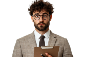 Portrait of surprised man with clipboard in tweed jacket, cut out transparent png