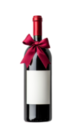 Elegant red wine bottle with bow and blank label, cut out transparent png