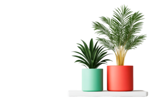 Green plants in pots stand on a shelf, cut out transparent png