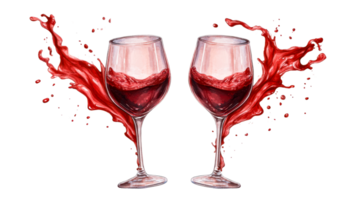 Wine glasses splashing with red liquid, isolated, cut out transparent png