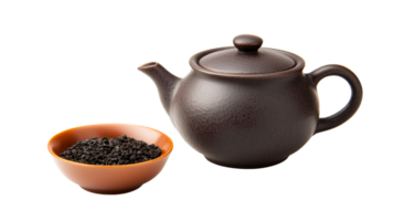 Teapot near bowl with tea leaves on black backdrop, cut out transparent png