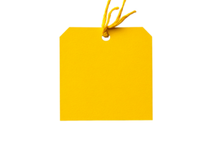 Blank yellow tag with string detail on black, cut out transparent png