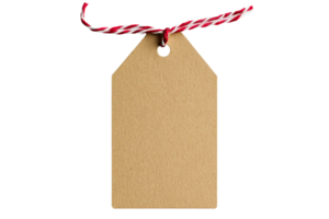Brown kraft paper tag with red and white twine hanging freely png