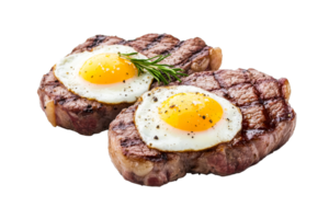 Delicious steak with egg garnish, culinary perfection, cut out transparent png