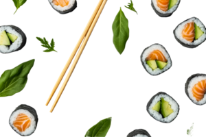 Sushi roll slices pattern with chopsticks, herbs, transparent png