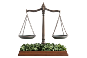 Justice scales on wooden base with greenery, cut out transparent png