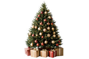 Christmas Tree with Ornaments and Gifts against Black Background, cut out transparent png