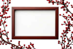Empty dark frame with Christmas branches of red berries, cut out transparent png
