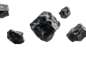 Dark rock fragments, black stone debris, rough texture, isolated, cut out transparent png