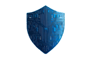Cyber security shield as computer circuit board, cut out transparent png