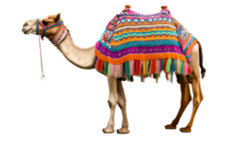 Camel adorned in traditional blanket, vibrant colors, isolated, cut out transparent png