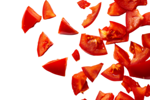 Slices of vibrant red bell pepper floating against black background, cut out transparent png