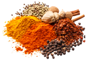 Vibrant mix spices and herbs pile variety for culinary use, cut out transparent png